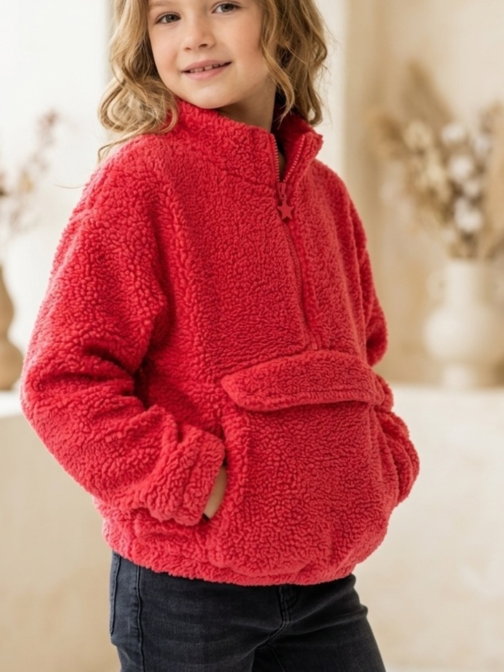 George Coral-Red Sherpa Half-Zip Pullover with Kangaroo Pocket